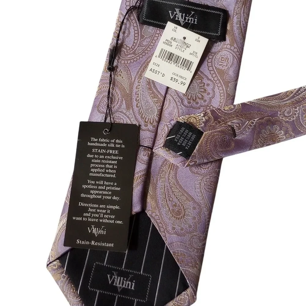 Villini Mens Lavender Gold Paisley Silk Tie Handmade Stain Resistant Necktie NEW